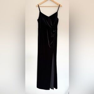 Birdy Grey Catherine Velvet Black Spaghetti Strap V Neck Leg Slit Maxi Dress